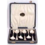 Cased set of six George V coffee spoons in trefid and rat tail pattern, Sheffield 1924 by C W