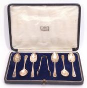 Cased set of six George V coffee spoons in Hanoverian pattern, together with the matching sugar