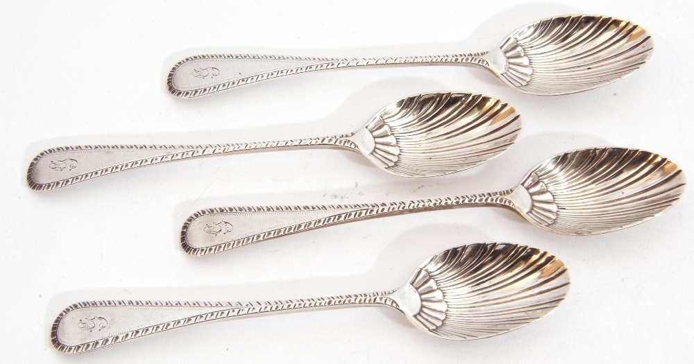 Set of four late Victorian tea spoons in bright cut Old English pattern with shell bowls, - Image 2 of 4