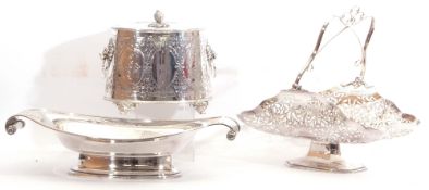 Mixed Lot: Victorian oval silver plated biscuit box and lid on four curved feet, early 20th