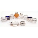 Mixed Lot: Two pairs of cut glass salts with hallmarked silver rims, a further single salt