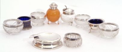 Mixed Lot: Two pairs of cut glass salts with hallmarked silver rims, a further single salt