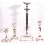 Mixed Lot: hallmarked silver encased tall square based candlestick with tapering stem and integral