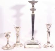 Mixed Lot: hallmarked silver encased tall square based candlestick with tapering stem and integral