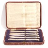 Cased set of six hallmarked silver handled pistol grip tea knives with plated blades, Sheffield 1914