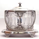 Ornate Edwardian period cut glass and silver plated framed table biscuit box and lid of oval