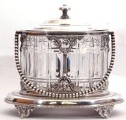 Ornate Edwardian period cut glass and silver plated framed table biscuit box and lid of oval