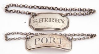 George IV "Sherry" label of canted rectangular form, 4cm x 2.2cm, suspended on a belcher chain,