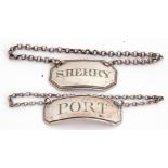 George IV "Sherry" label of canted rectangular form, 4cm x 2.2cm, suspended on a belcher chain,