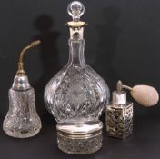 Mixed Lot: cut glass oval section liqueur decanter with silver/silver gilt collar (non-matching