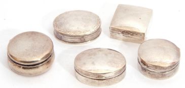 Group of small modern hallmarked patch boxes: two oval, two circular and one square, various dates