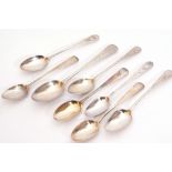 Group of seven George III bright cut Old English tea spoons, various dates and makers, together with