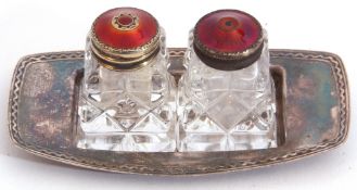 Early 20th century Norwegian white metal glass, red enamelled and two-bottle cruet set with stand,