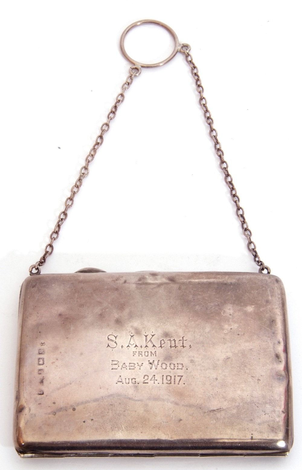 Edwardian silver dance card purse, rectangular plain polished form with presentation inscription,