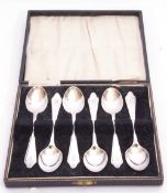 Cased set of six George V coffee spoons in dog nose pattern, bearing initial "D" to handle,