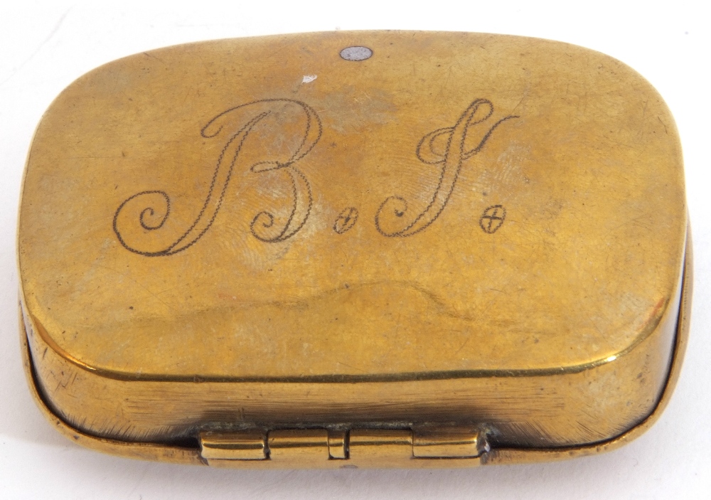 Victorian brass snuff box of shaped rectangular form, the hinged lid engraved with "A Ingrum", dated - Image 2 of 3
