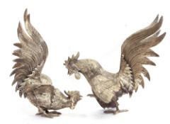 Pair of mid/late 20th century silver plated fighting cock ornaments, 19cm tall (2)