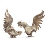 Pair of mid/late 20th century silver plated fighting cock ornaments, 19cm tall (2)