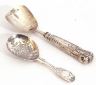 Late Victorian Fiddle pattern caddy spoon, the egg shaped bowl with bright cut decoration of flowers