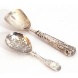 Late Victorian Fiddle pattern caddy spoon, the egg shaped bowl with bright cut decoration of flowers