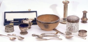 Small collection of hallmarked silver/silver mounted items including treen bowl with applied rim,