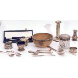 Small collection of hallmarked silver/silver mounted items including treen bowl with applied rim,