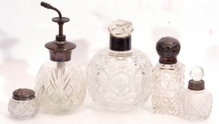 Mixed Lot: cut glass and sterling mounted scent atomiser, 16cm tall, together with four various