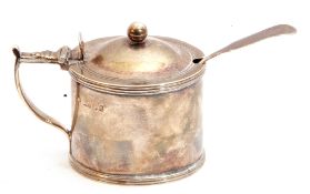 George IV silver drum mustard of typical form with reeded rims and domed hinged cover with ball