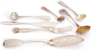 Mixed Lot: A Victorian silver sifting spoon, the gilt decorated bowl pierced and embossed with a