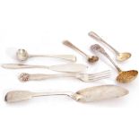 Mixed Lot: A Victorian silver sifting spoon, the gilt decorated bowl pierced and embossed with a