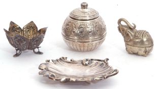 Small group of foreign white metal/metal wares including two small dishes, lidded pot and elephant