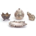 Small group of foreign white metal/metal wares including two small dishes, lidded pot and elephant