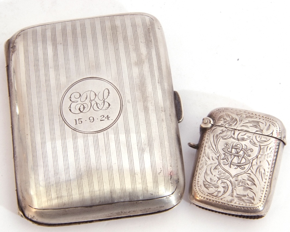 Mixed Lot: George V silver cigarette case of rectangular shape with central engraved cartouche and