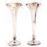 Pair of Edward VII silver flower vases with flared wavy rims to slender tapering stems and
