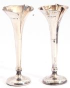 Pair of Edward VII silver flower vases with flared wavy rims to slender tapering stems and