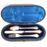 Late Victorian cased three-piece christening set of reeded pattern with foliate ends, comprising