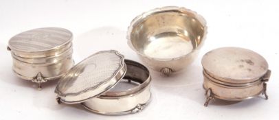 Three various early 20th century ring box frames (only) and a shaped circular sugar bowl (lacking