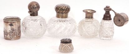 Mixed Lot: two spherical cut glass scent bottles with hinged, push on lids, Birmingham 1898,