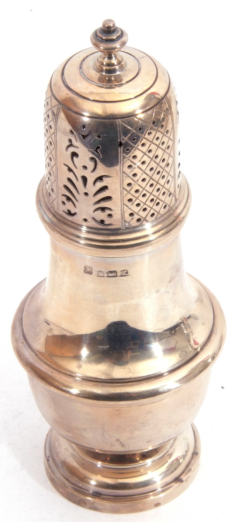 George V silver caster, plain polished baluster form, the pull off lid pierced with geometric - Image 2 of 2