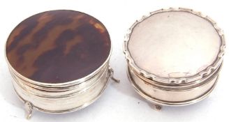 Two circular hallmarked ring boxes, one with tortoiseshell type lid, the other with tessellated lid,