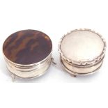 Two circular hallmarked ring boxes, one with tortoiseshell type lid, the other with tessellated lid,