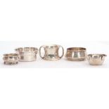 Group comprising three assorted hallmarked circular etc salts, a sterling example and a hallmarked