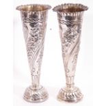 Pair of Victorian silver bud trumpet vases, of slender tapering form, flared rims, the bodies