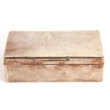 Silver cigarette box, rectangular form, the plain polished hinged lid applied with a long