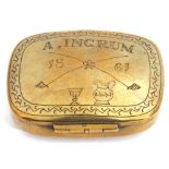 Victorian brass snuff box of shaped rectangular form, the hinged lid engraved with "A Ingrum", dated