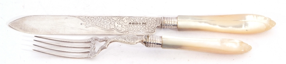 Pair of Victorian silver bladed and mother of pearl handled servers, Birmingham 1896, maker's mark - Image 2 of 2