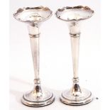 Pair Edward VII small silver trumpet vases with flared rims and slender tapering bodies to a