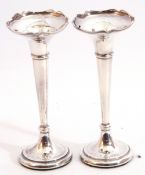 Pair Edward VII small silver trumpet vases with flared rims and slender tapering bodies to a