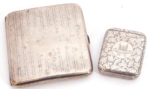 Curved square cigarette case with banded engine turned decoration (partially worn), internal