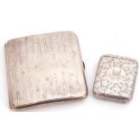 Curved square cigarette case with banded engine turned decoration (partially worn), internal